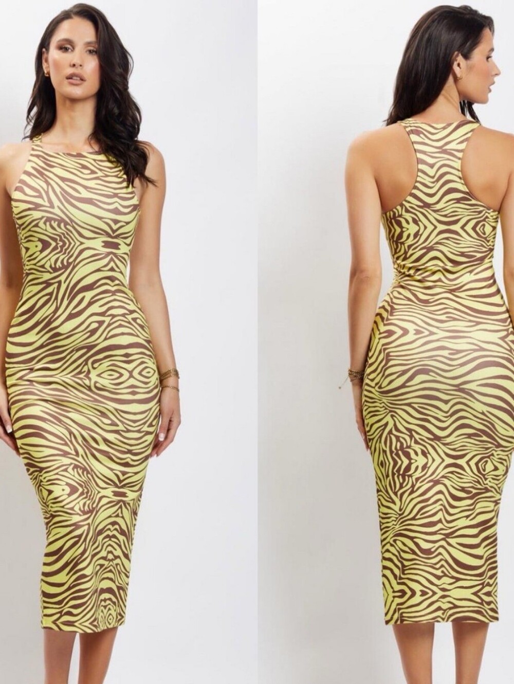 MESHKI Lima Halter Neck Zebra Midi Bodycon Dress Yellow Brown XS